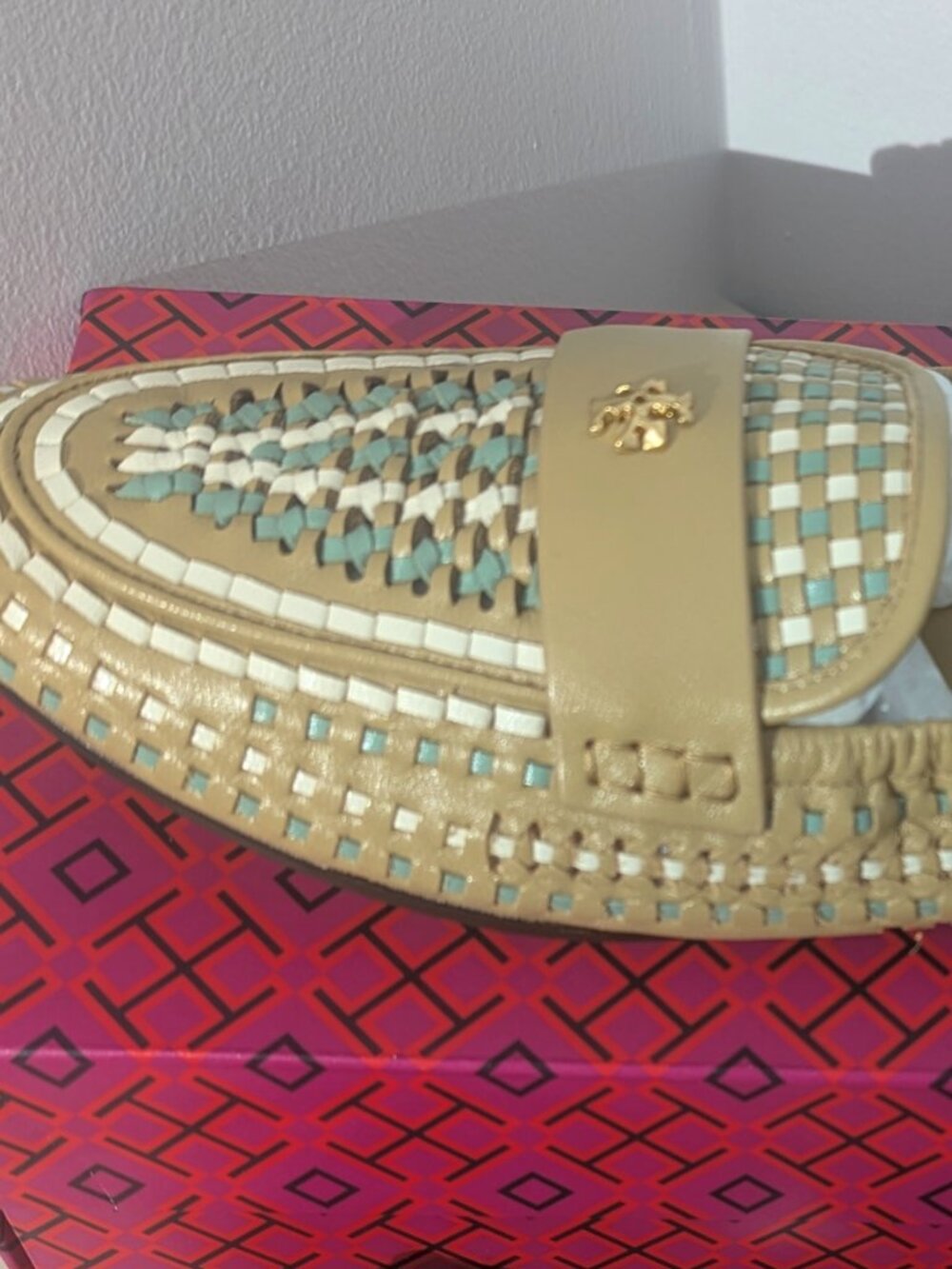 Tory Burch $348 Woven Ballet Loafer Flats Tan Blue SUPER COMFY! - Picture 5 of 12